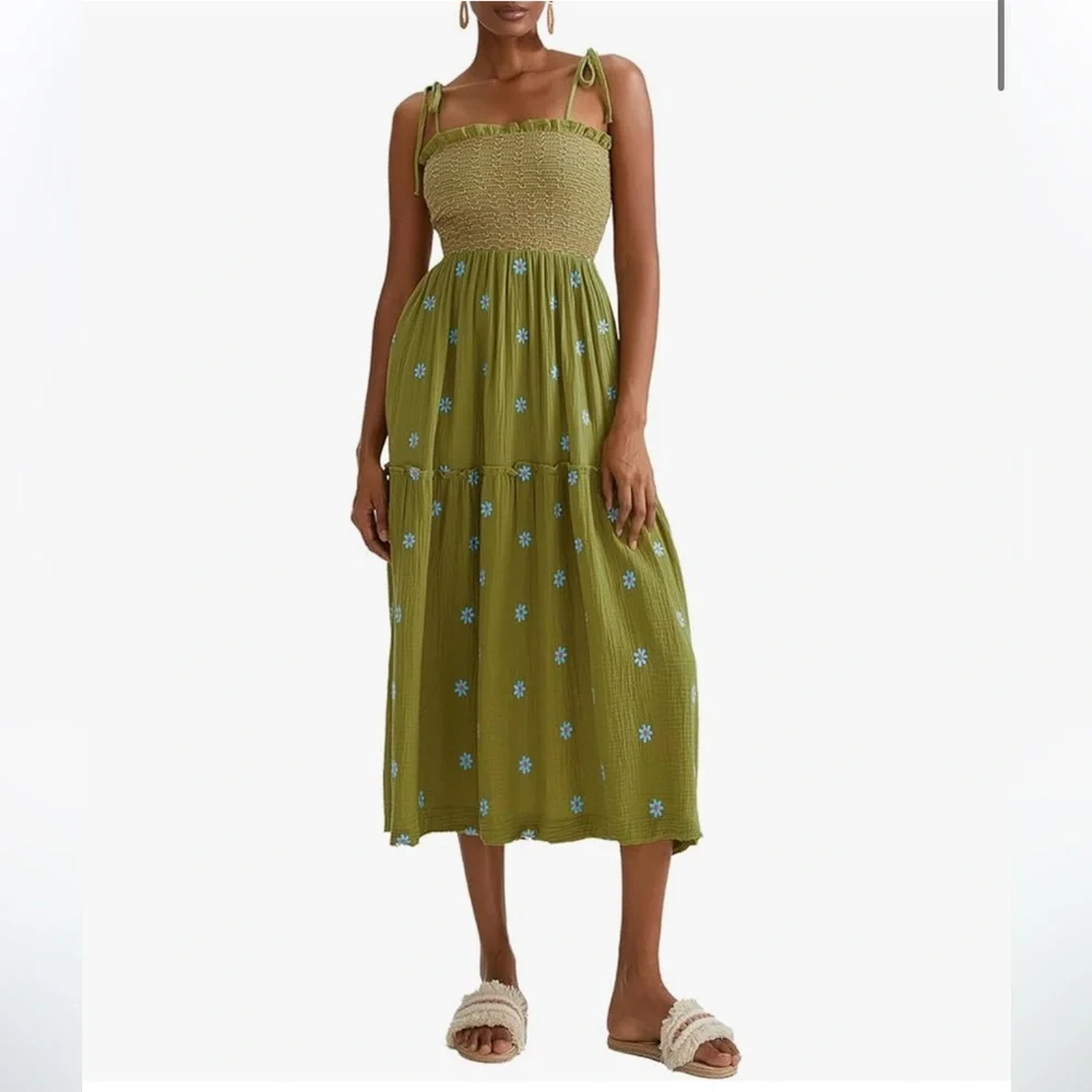 Smocked Tiered Midi Dress in Olive Green - Picture 3 of 10